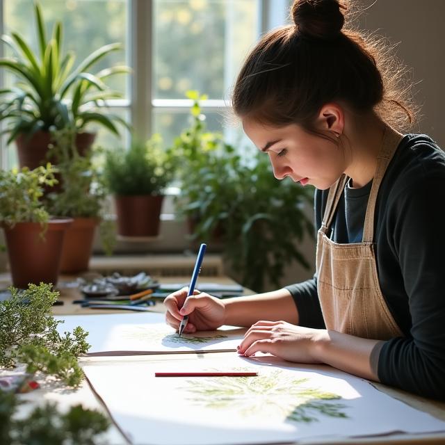 Student working on botanical illustration at Bloom Atelier studio, Dublin