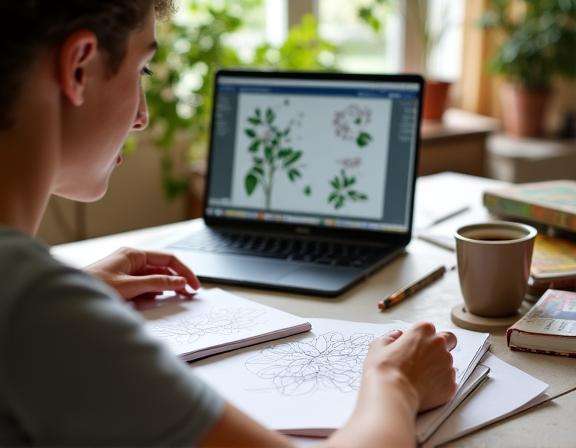 Student following online botanical drawing tutorial from home, sketchbook open on desk