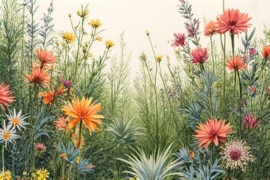 Advanced student botanical mixed media artwork — layered pencil and watercolour garden composition